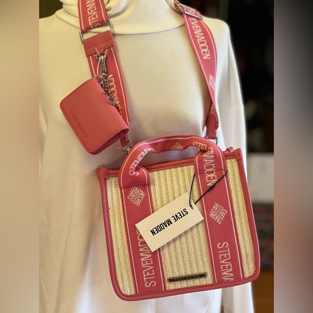 Steve Madden bwebber Straw Satchel Crossbody Bag NEW Pink Raspberry